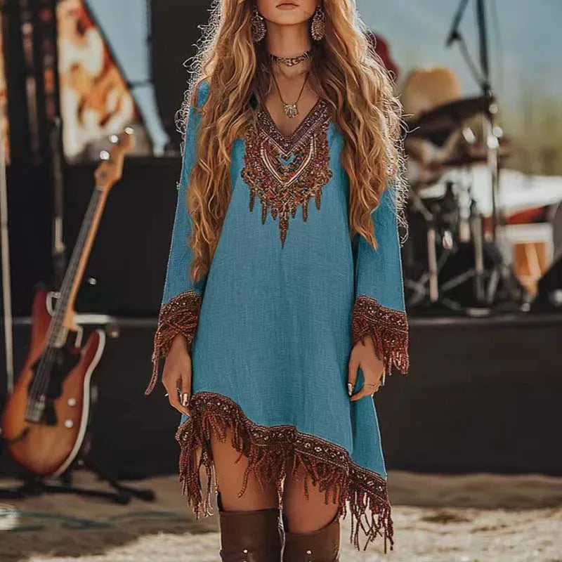 New Ethnic Sexy Deep V Music Festival Rock Party Dresses Women Vintage Wasteland Irregular Long Sleeve Lace Tassel Floral Dress