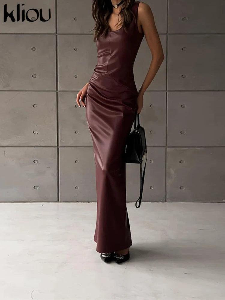 kliou Leather Women's Maxi Dresses Classic High Street Solid Sleeveless Straight Bodycon Female Concise Elegant Party Vestidos