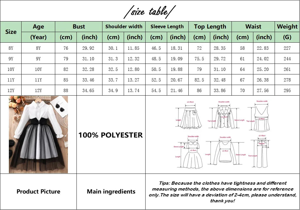 8-12Yrs Children's Dress Girls Party Dresses Long Sleeve Dress for Girls Elegant Pure White Casual Clothes