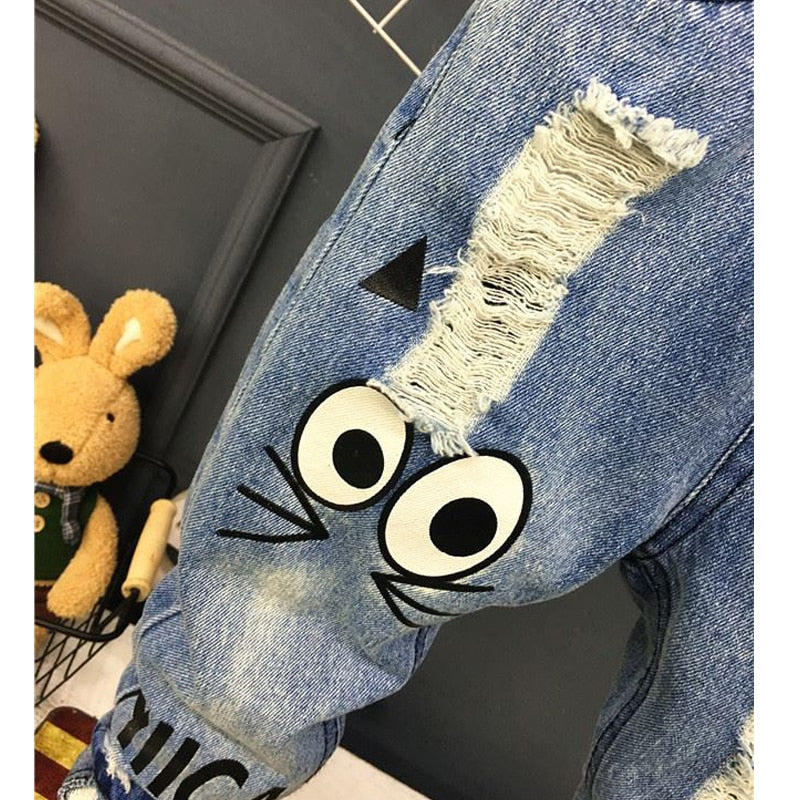 New Girls Jeans Spring Autumn Children Trousers 1-7Yrs Baby Boys Girls Jeans Boys Casual Hole Pants Cartoon Cat Jeans For Kids