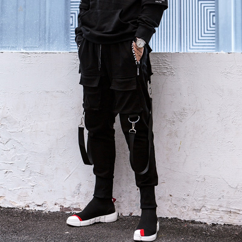 Streetwear Black Harem Pants Men Elastic Waist Punk Pants With Ribbons Casual Slim Jogger Pants Men Hip Hop Trousers