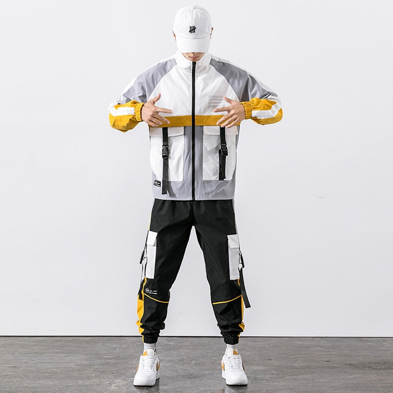 2022 Hip Hop Workwear jacket Mens Tracksuit Jacket+Pants 2PC Sets baseball loose Zipper Ribbons Coat & Long Pants Mens Clothes