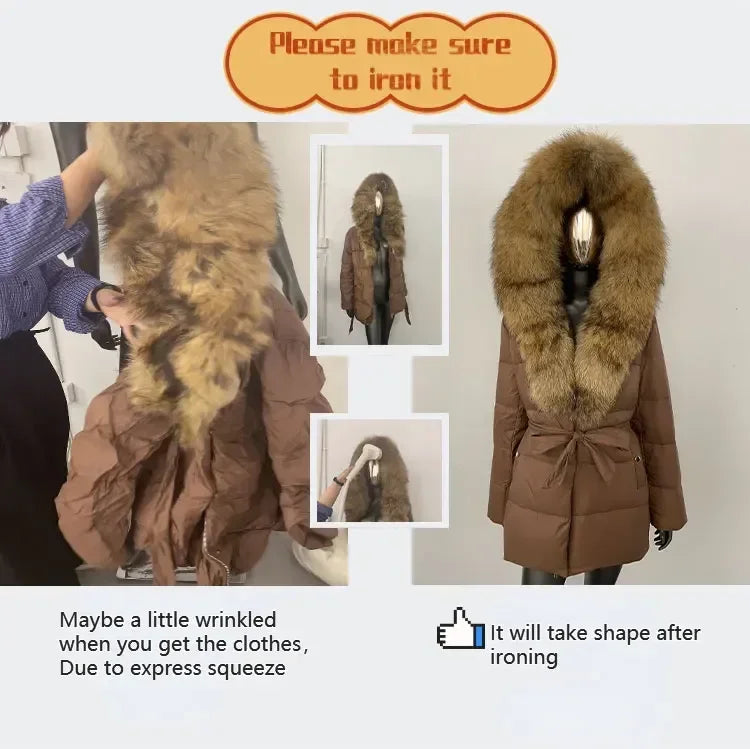2023 Winter Puffer Jacket Women Large Real Raccoon Fur Collar Short Female Parkas Thick Warm 90% Goose Down Coat Loose