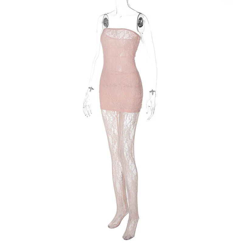 Hugcitar Mesh Strapless Flower Print Sexy Bodycon Mini Dress Foot Leggings 2 Piece Sets 2024 Fall Beach Vacation Y2K Clothes