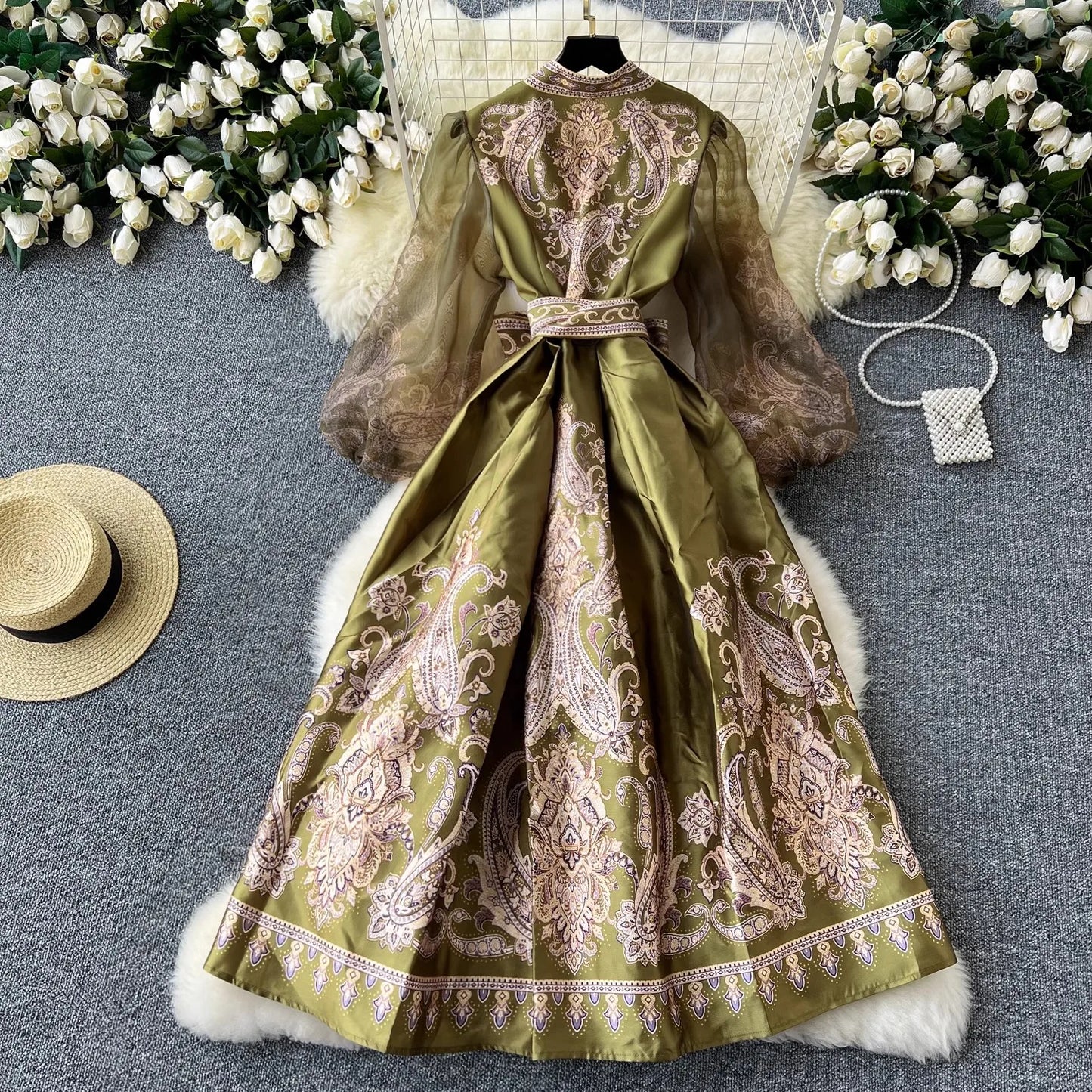 Paisley Print Bandage Lace Up Wrap Dress Women Cross V Neck Lantern Sleeve Chiffon Patchwork Thick Satin Long Party Vestidos