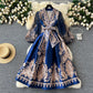 Paisley Print Bandage Lace Up Wrap Dress Women Cross V Neck Lantern Sleeve Chiffon Patchwork Thick Satin Long Party Vestidos