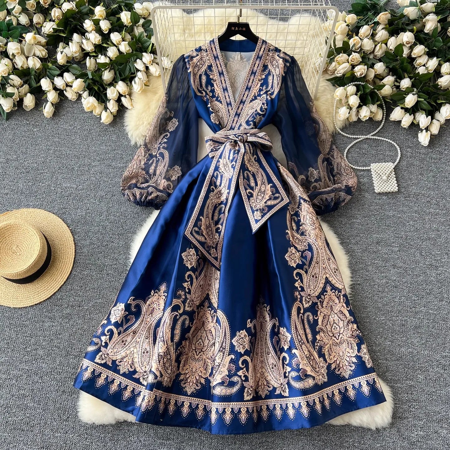 Paisley Print Bandage Lace Up Wrap Dress Women Cross V Neck Lantern Sleeve Chiffon Patchwork Thick Satin Long Party Vestidos