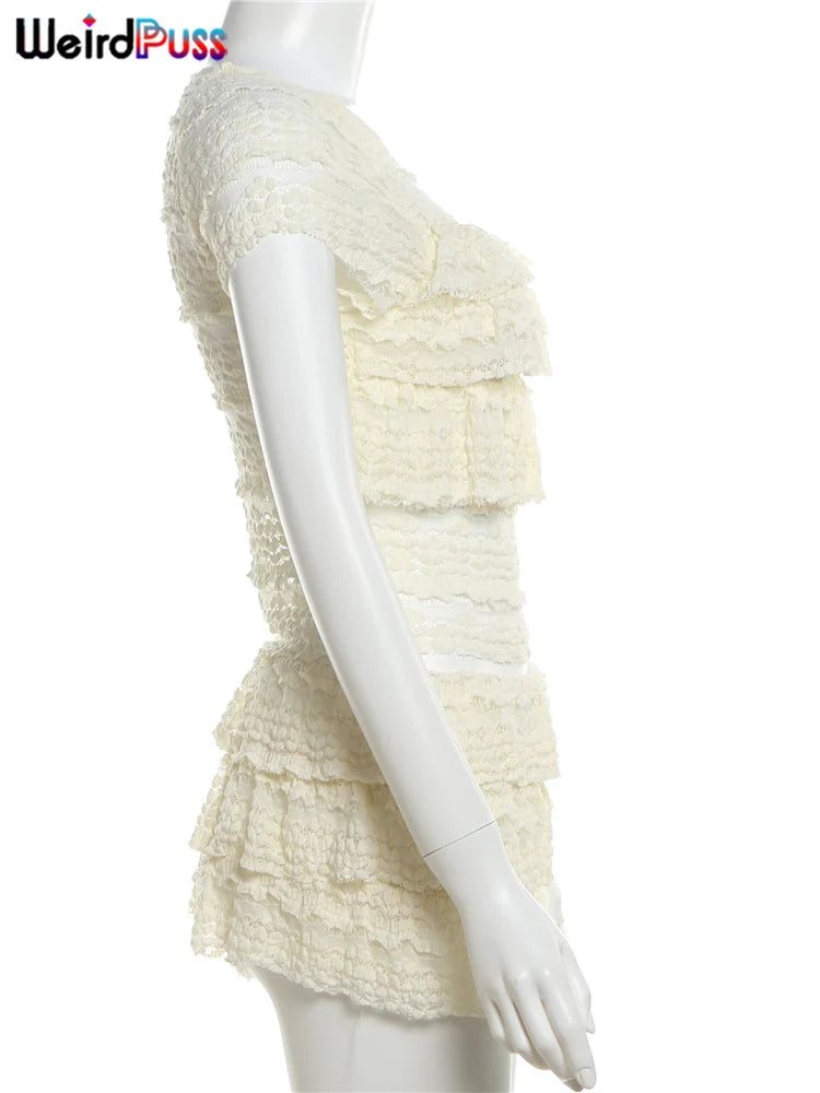 Weird Puss Sexy Tierred Women 2Piece Set Summer Elegant Thin Ruffles Tnak Top+Shorts Skirts Midnight Concert Party Matching Suit