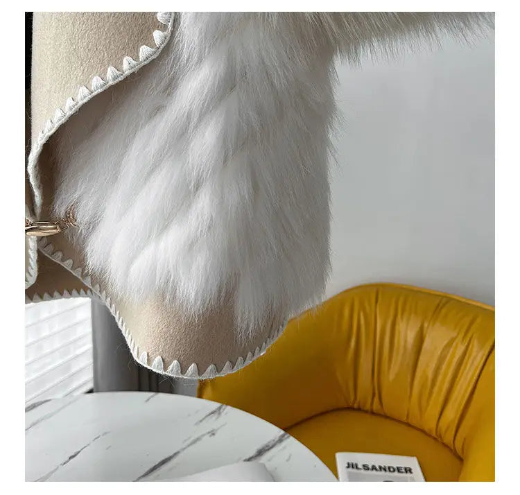 Faux Fur and Wool Reversible Coat with Fox Fur Collar Autumn Winter Fashionable Jacket Women Chic Flocking Plush Aesthetic