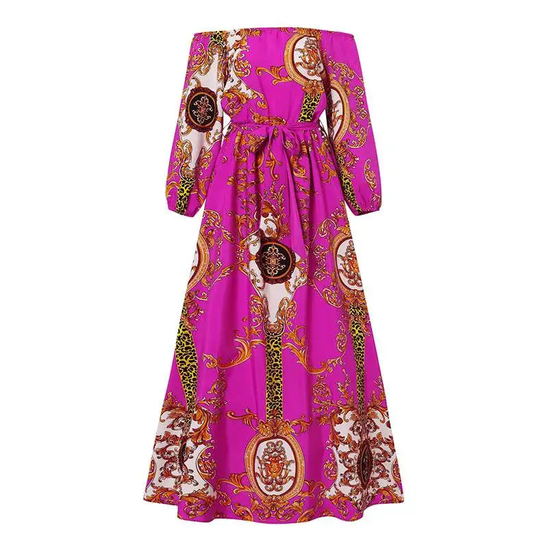 VONDA Women Printed Party Dress 2024 Sexy Off Shoulder Long Lantern Sleeve Bohemian Sundress Belted Vintage Maxi Robe Oversized