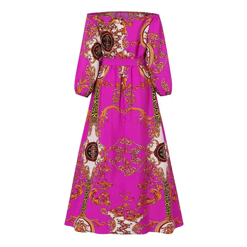 VONDA Women Printed Party Dress 2024 Sexy Off Shoulder Long Lantern Sleeve Bohemian Sundress Belted Vintage Maxi Robe Oversized