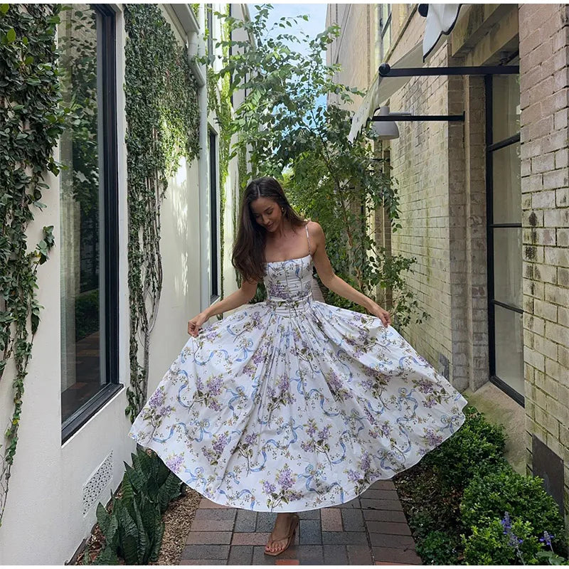 Summer Floral Print Spaghetti Strap Dress Women's Elegant Backless Pleated A-line Gowns New Chic Lady Street Party Vestidos 2025