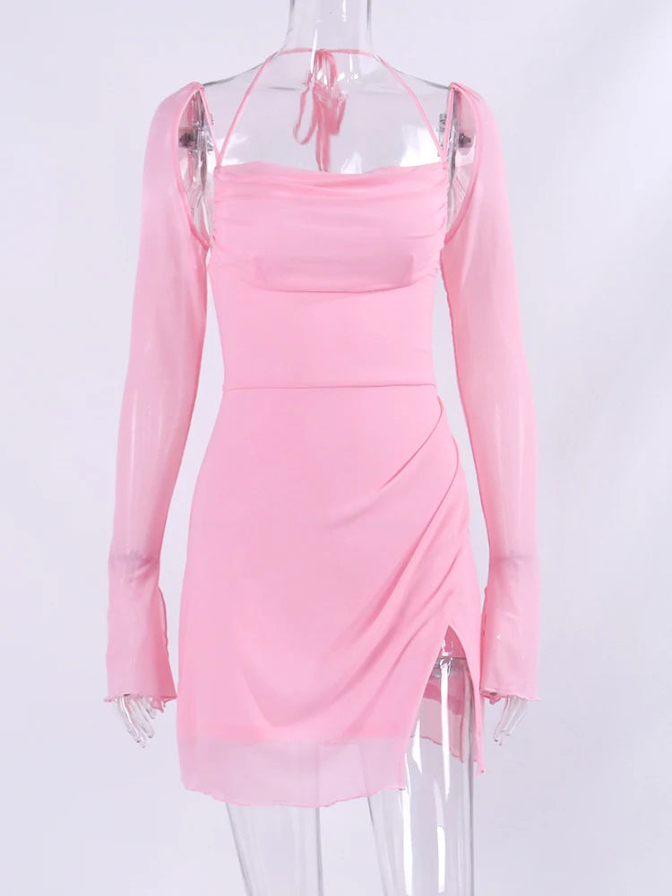 NewAsia Halter Flounce Sleeves Mesh Pink Dress Women Sexy Solid Backless Bandage Mini Vestido Summer Vacation Party Club