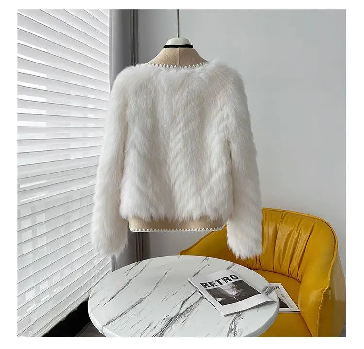 Faux Fur and Wool Reversible Coat with Fox Fur Collar Autumn Winter Fashionable Jacket Women Chic Flocking Plush Aesthetic