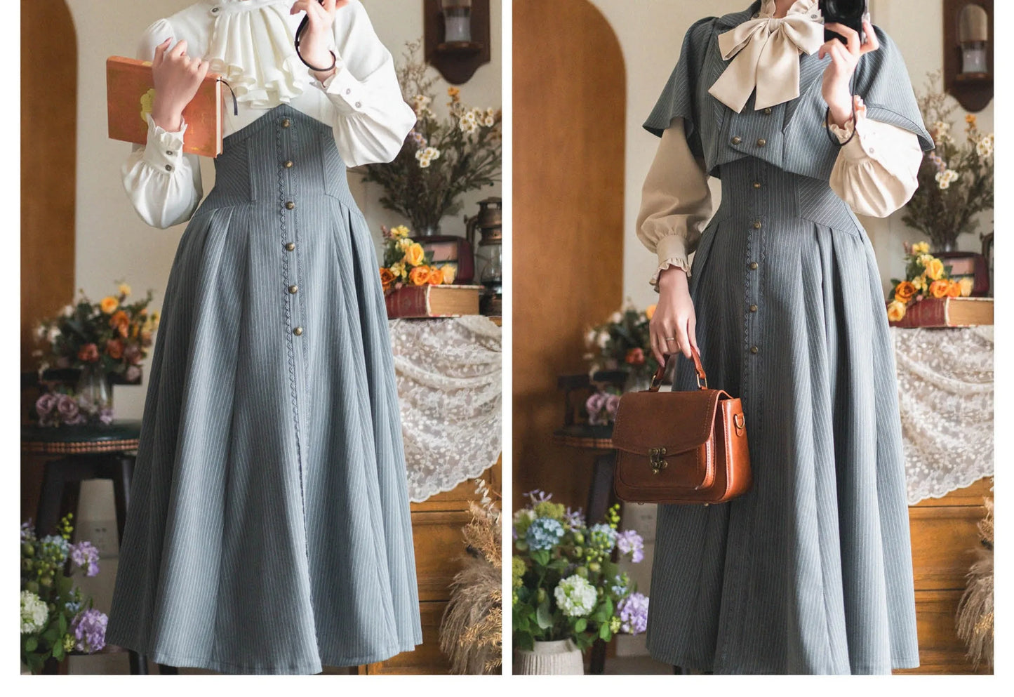 Original Retro Skirt Set Outfits New Spring Women's Stand Collar Long Sleeve Shirt Small Cape Coat Elegant Classical Long Skirt