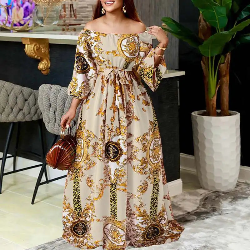 VONDA Women Printed Party Dress 2024 Sexy Off Shoulder Long Lantern Sleeve Bohemian Sundress Belted Vintage Maxi Robe Oversized