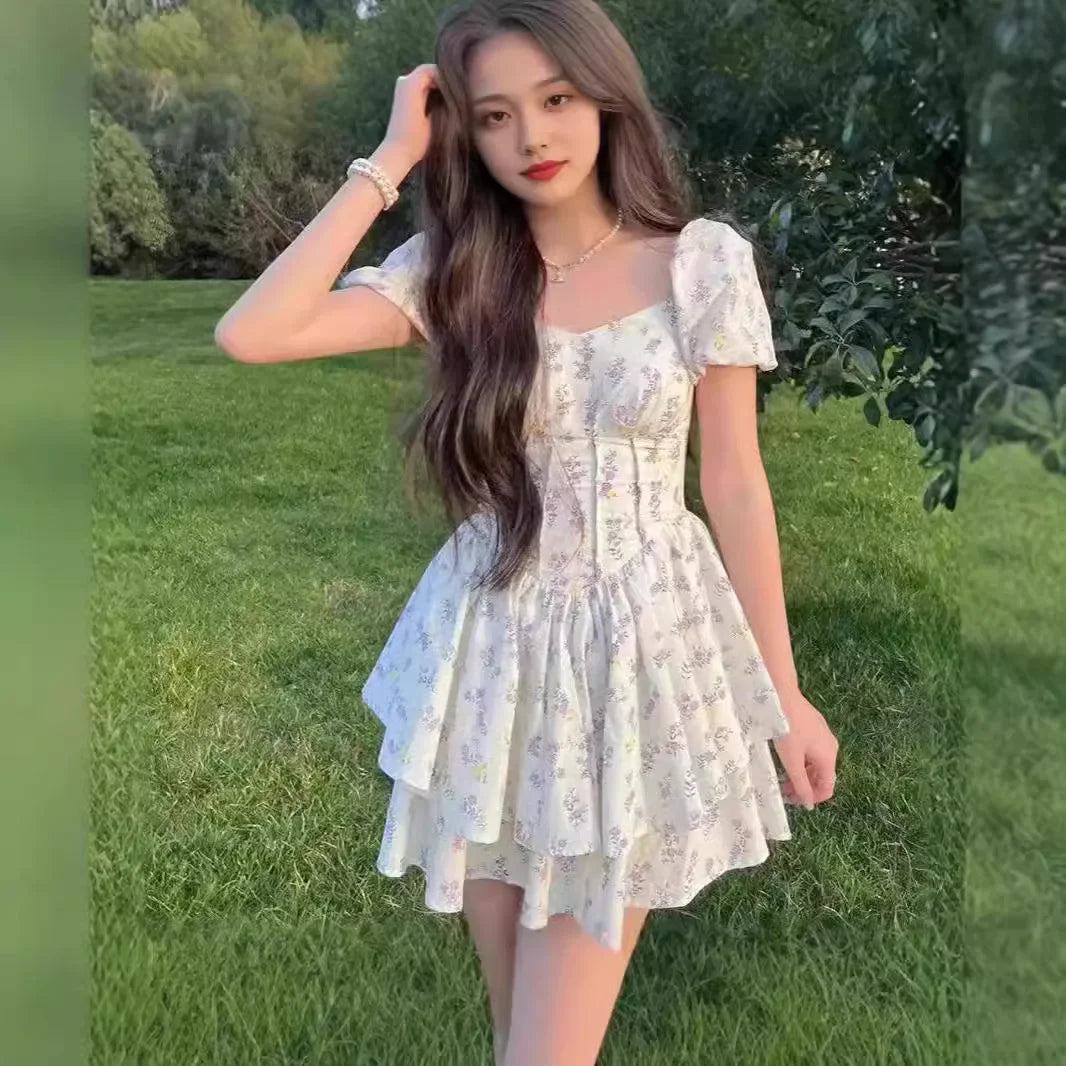 Princess Style Gathered Waist Bubble Sleeve One Shoulder Puffy Dress Floral Print Gentle Girl Summer New Arrival Dress