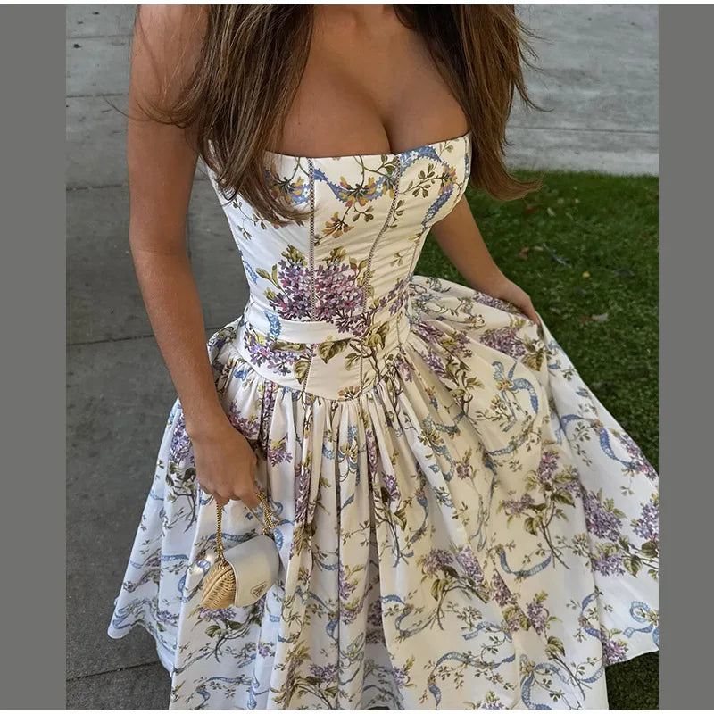 Summer Floral Print Spaghetti Strap Dress Women's Elegant Backless Pleated A-line Gowns New Chic Lady Street Party Vestidos 2025