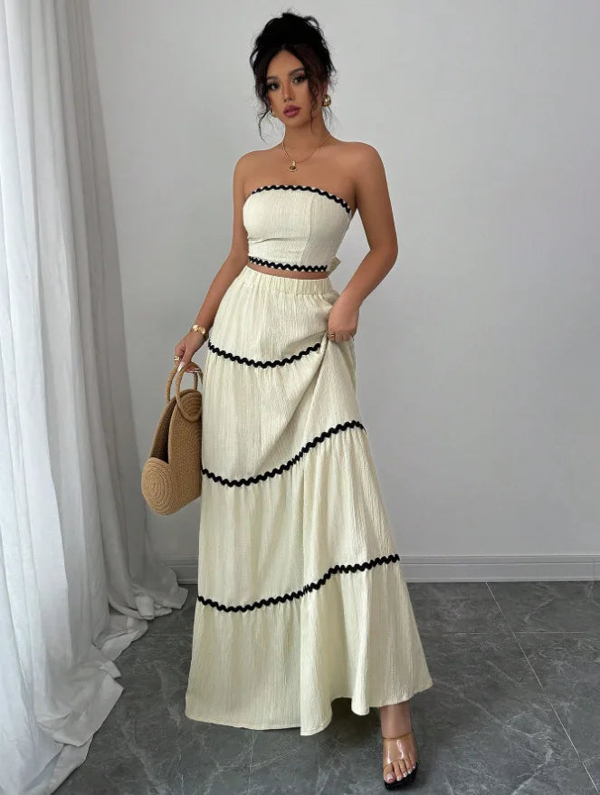 Fashion Temperament Women 2 Piece Outfits Contrast Color Loose Sleeveless Tops and Elastic Long Skirt Set for Party Streetwear