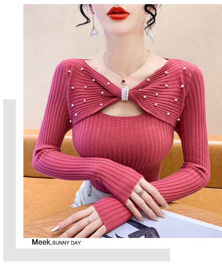 Elegant Autumn Winter Sweaters Women Pullovers Korean Fashion Y2k Clothes V Neck Solid Bow Embroidered Long Sleeve Knitted Tops