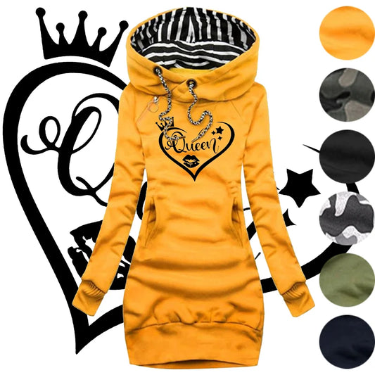 Women's Fashion Queen Printed Sweater Dresses Fall and Winter Long Sleeve Hoodie Dress Solid Color Slim Pullover Sweater Dresses