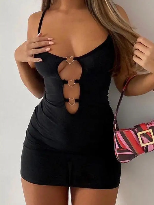 2024 New Love Heart Hollow Out Hanging Neck Backless Dress Women's Pure Desire Cinching Waist Wrap Hip Slim Short Dress LBOA