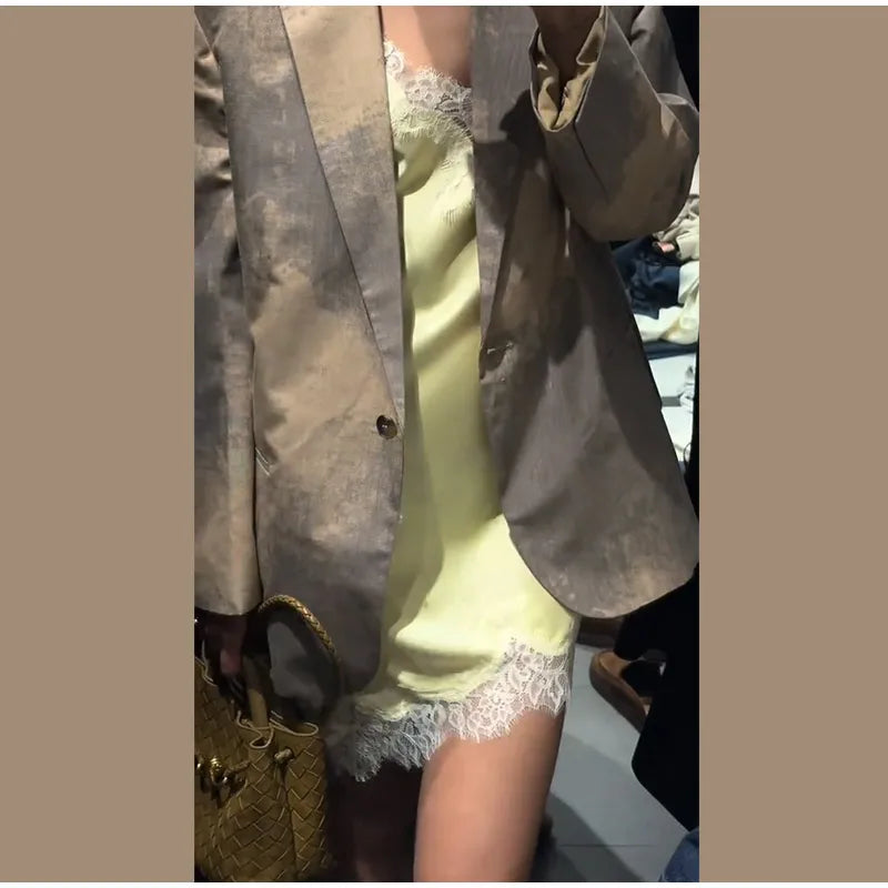 Elegant Satin Asymmetric Lace Patchwork Mini Dress Women Solid V-neck Sleeveless Sling Dresses 2025 Summer Lady Chic  Streetwear