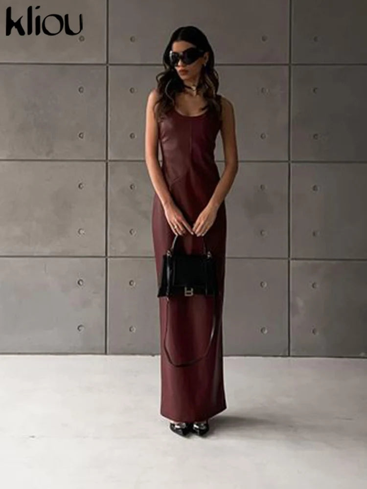 kliou Leather Women's Maxi Dresses Classic High Street Solid Sleeveless Straight Bodycon Female Concise Elegant Party Vestidos