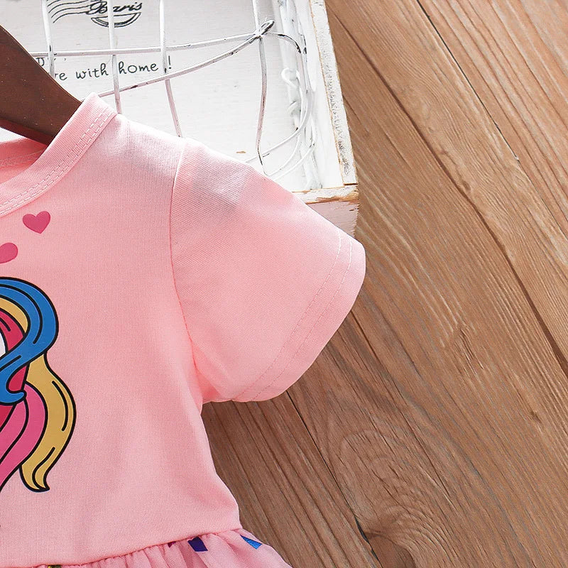 2024 Summer Baby Girls Cartoon Unicorn Dress Cotton Mesh Party Princess Dresses For 2-6 Years Children Kids Clothes