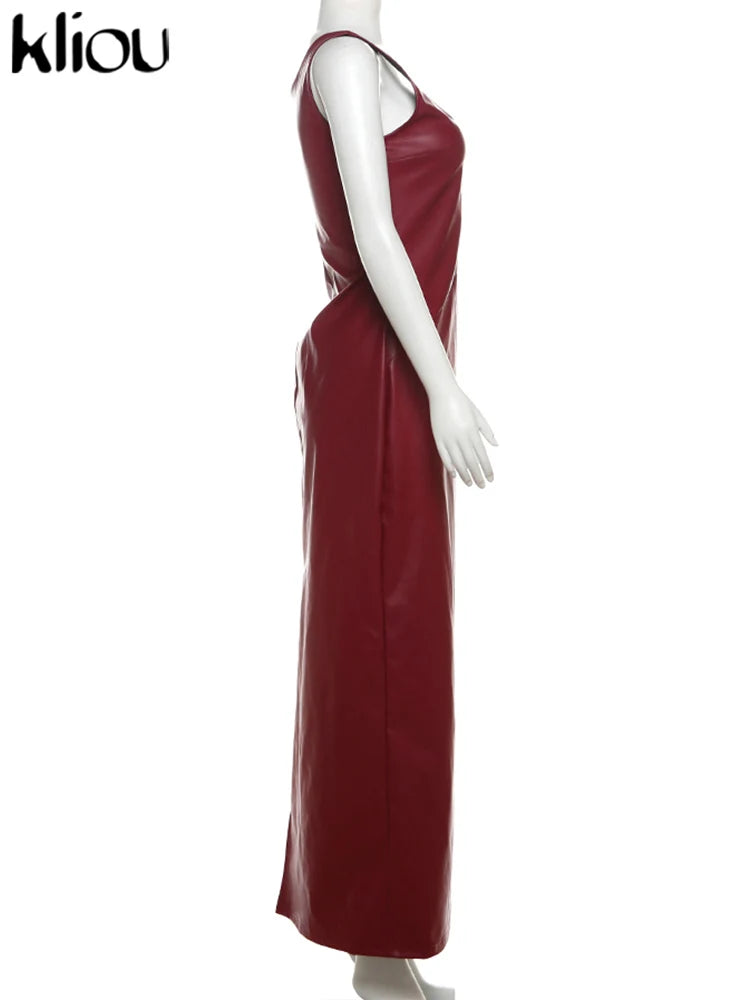 kliou Leather Women's Maxi Dresses Classic High Street Solid Sleeveless Straight Bodycon Female Concise Elegant Party Vestidos