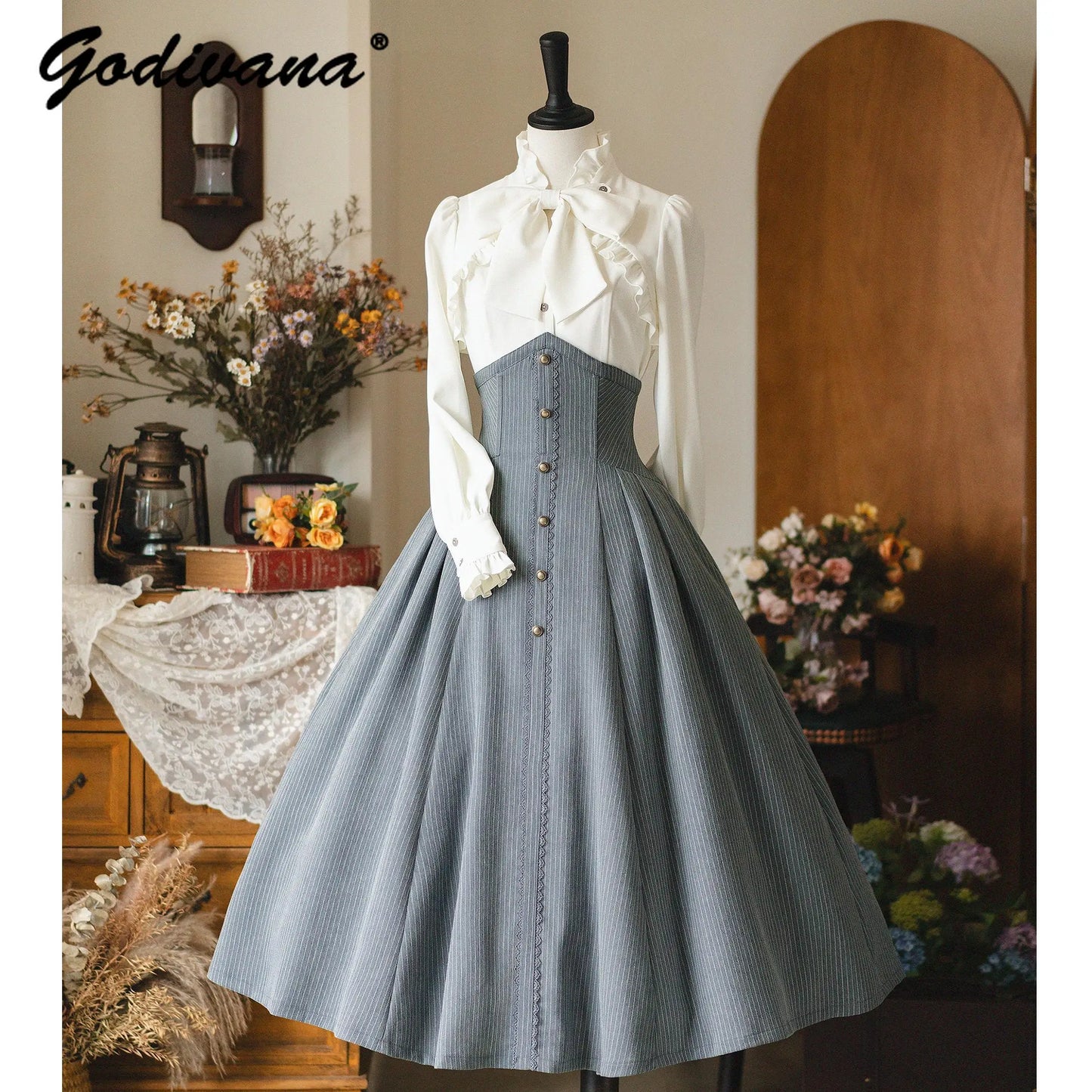 Original Retro Skirt Set Outfits New Spring Women's Stand Collar Long Sleeve Shirt Small Cape Coat Elegant Classical Long Skirt