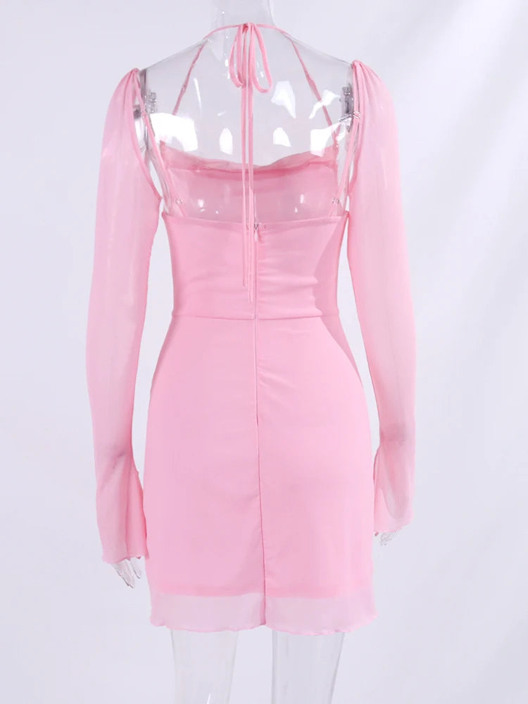 NewAsia Halter Flounce Sleeves Mesh Pink Dress Women Sexy Solid Backless Bandage Mini Vestido Summer Vacation Party Club