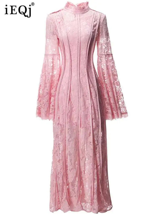 IEQJ Solid High Quality Evening Dresses For Women Stand Collar High Waist Long Sleeve Thin Elegant Dress Female Clothing 3WQ9557