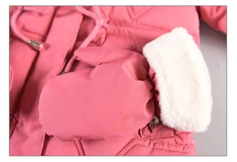 2-8 Years Warm Winter Girls Jacket Fur Collar Removable Hat Plush Lining Heavy Hooded Kids Coat Children Outerwear Send Gloves
