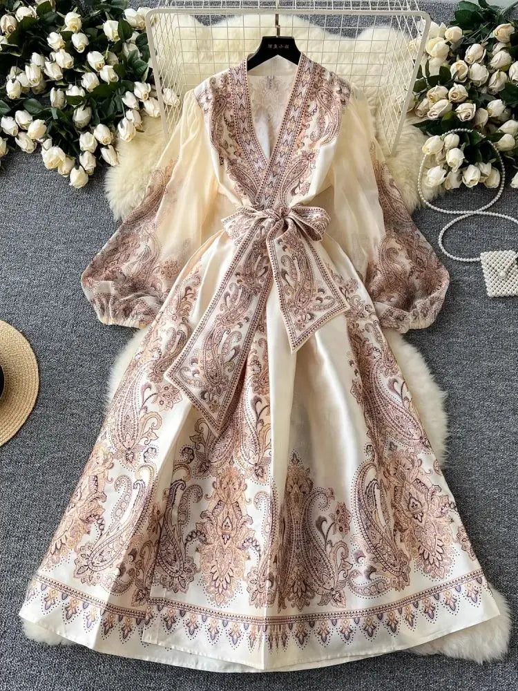 Paisley Print Bandage Lace Up Wrap Dress Women Cross V Neck Lantern Sleeve Chiffon Patchwork Thick Satin Long Party Vestidos
