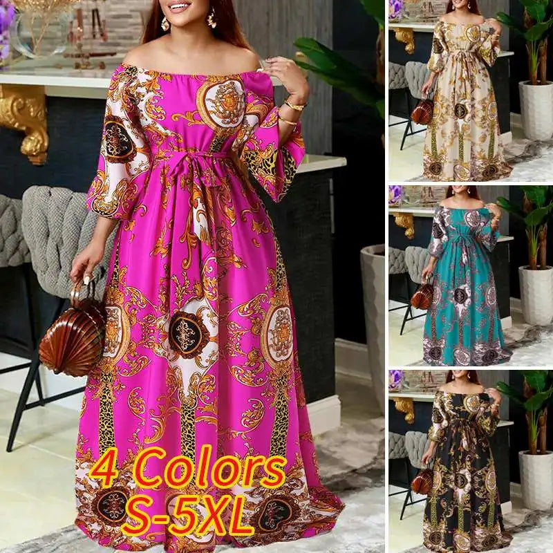VONDA Women Printed Party Dress 2024 Sexy Off Shoulder Long Lantern Sleeve Bohemian Sundress Belted Vintage Maxi Robe Oversized