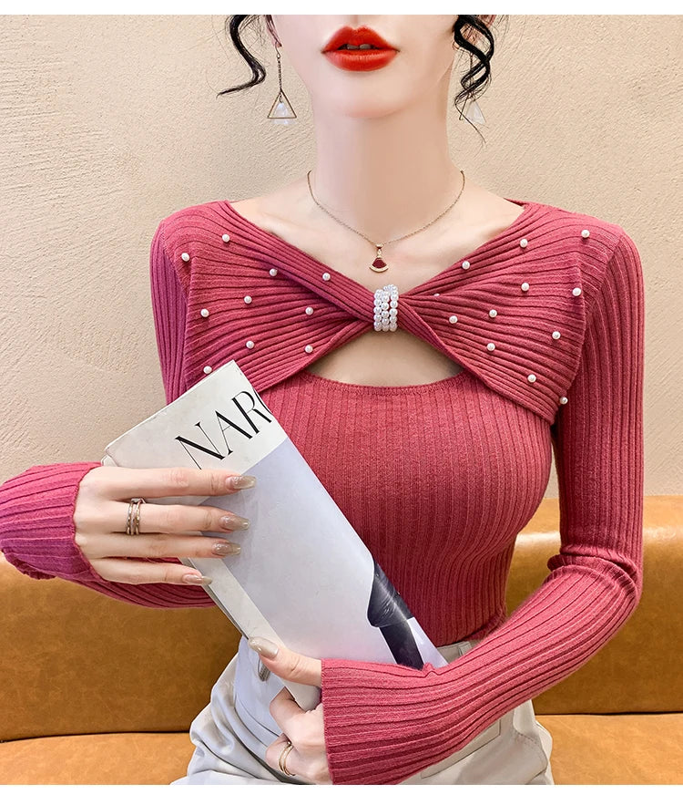 Elegant Autumn Winter Sweaters Women Pullovers Korean Fashion Y2k Clothes V Neck Solid Bow Embroidered Long Sleeve Knitted Tops