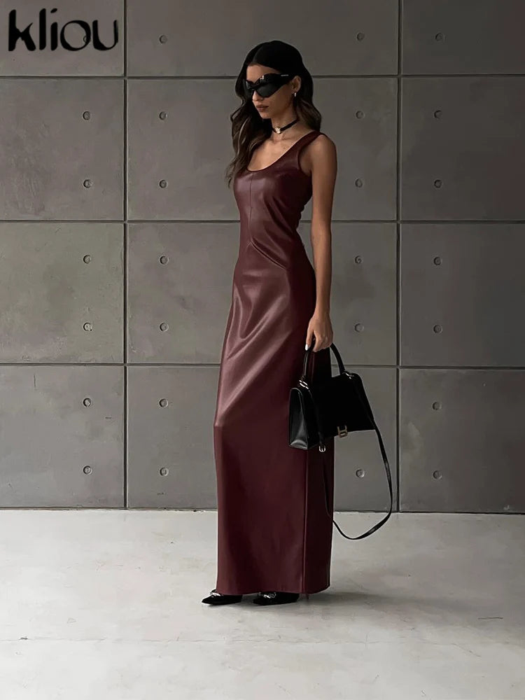 kliou Leather Women's Maxi Dresses Classic High Street Solid Sleeveless Straight Bodycon Female Concise Elegant Party Vestidos