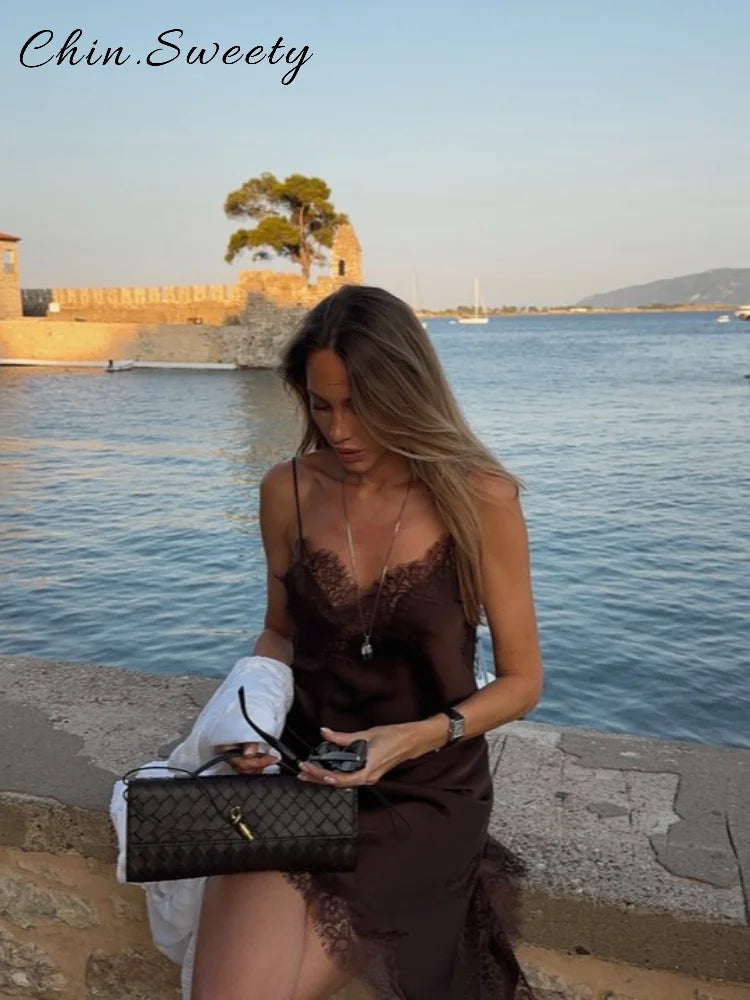 Elegant Satin Asymmetric Lace Patchwork Mini Dress Women Solid V-neck Sleeveless Sling Dresses 2025 Summer Lady Chic  Streetwear