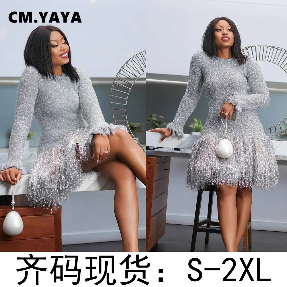 CM.YAYA Fashion Women Silver Tassel Bodycon Mini Midi Dress 2024 Autumn Winter Long Sleeve Party Club Evening Dresses Vestidos