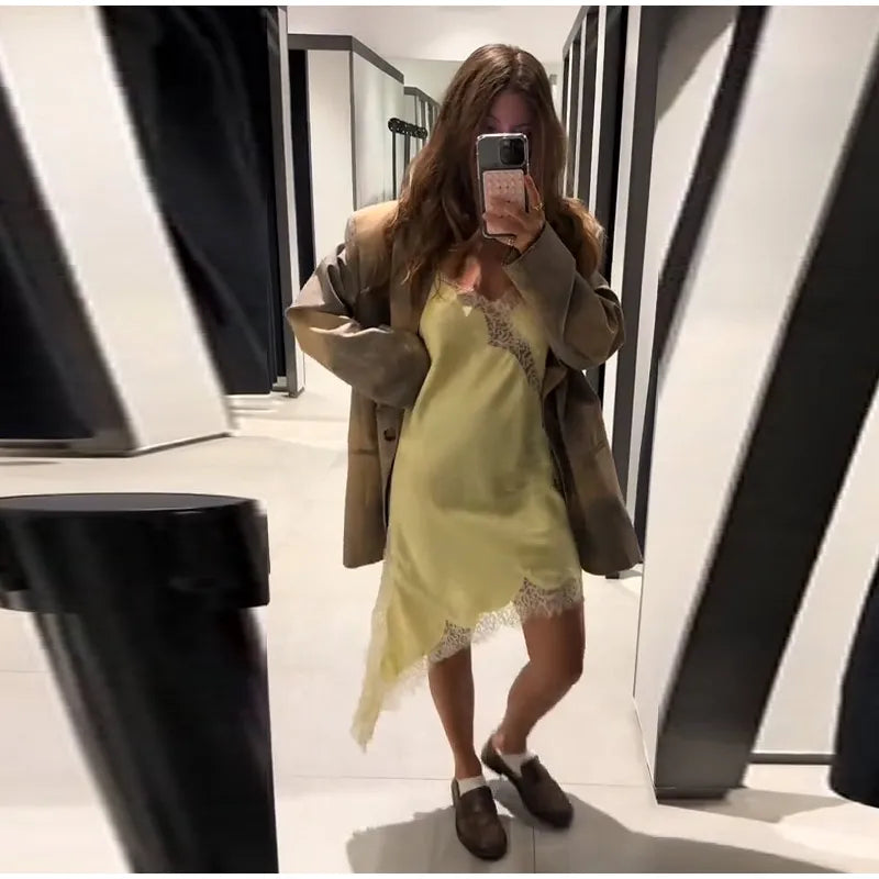 Elegant Satin Asymmetric Lace Patchwork Mini Dress Women Solid V-neck Sleeveless Sling Dresses 2025 Summer Lady Chic  Streetwear