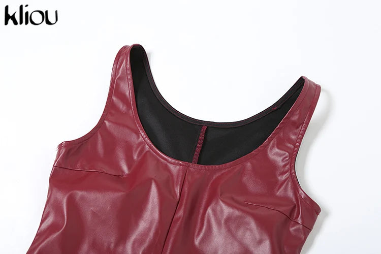 kliou Leather Women's Maxi Dresses Classic High Street Solid Sleeveless Straight Bodycon Female Concise Elegant Party Vestidos