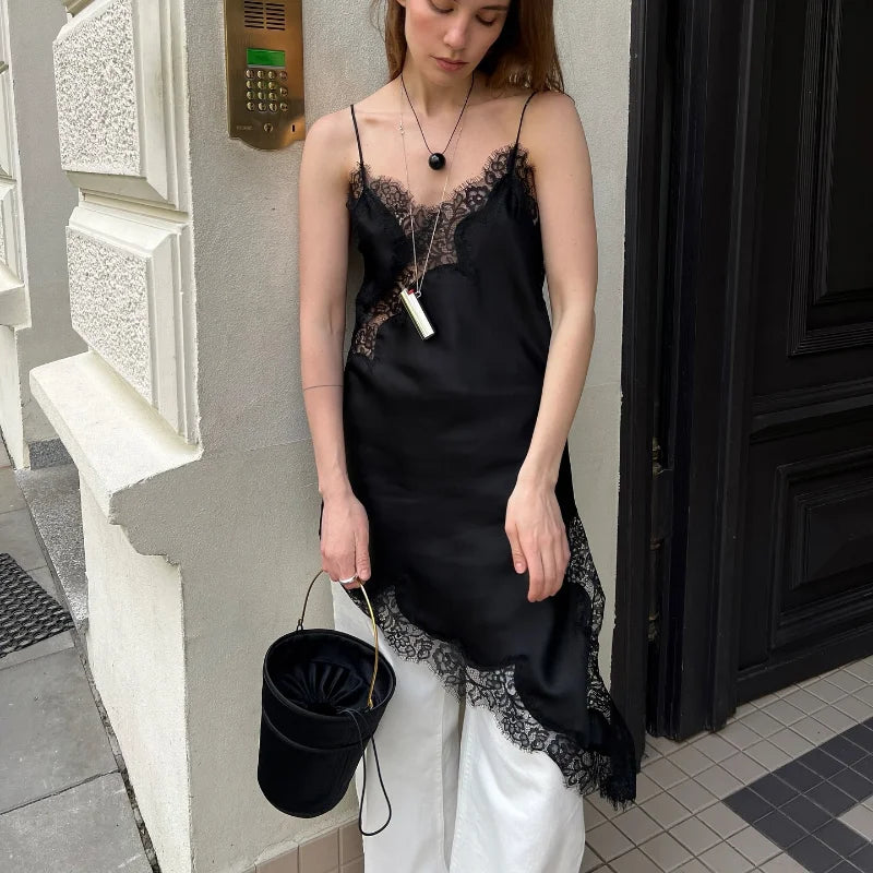 Elegant Satin Asymmetric Lace Patchwork Mini Dress Women Solid V-neck Sleeveless Sling Dresses 2025 Summer Lady Chic  Streetwear