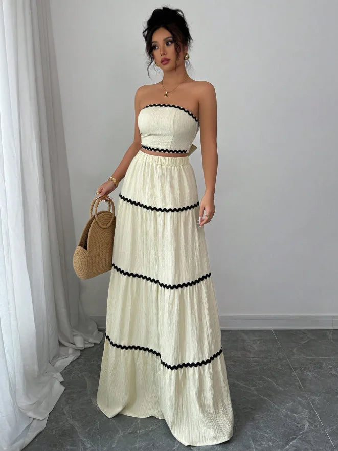 Fashion Temperament Women 2 Piece Outfits Contrast Color Loose Sleeveless Tops and Elastic Long Skirt Set for Party Streetwear