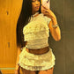 Weird Puss Sexy Tierred Women 2Piece Set Summer Elegant Thin Ruffles Tnak Top+Shorts Skirts Midnight Concert Party Matching Suit