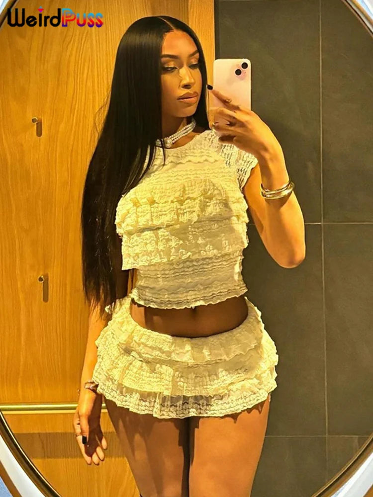 Weird Puss Sexy Tierred Women 2Piece Set Summer Elegant Thin Ruffles Tnak Top+Shorts Skirts Midnight Concert Party Matching Suit