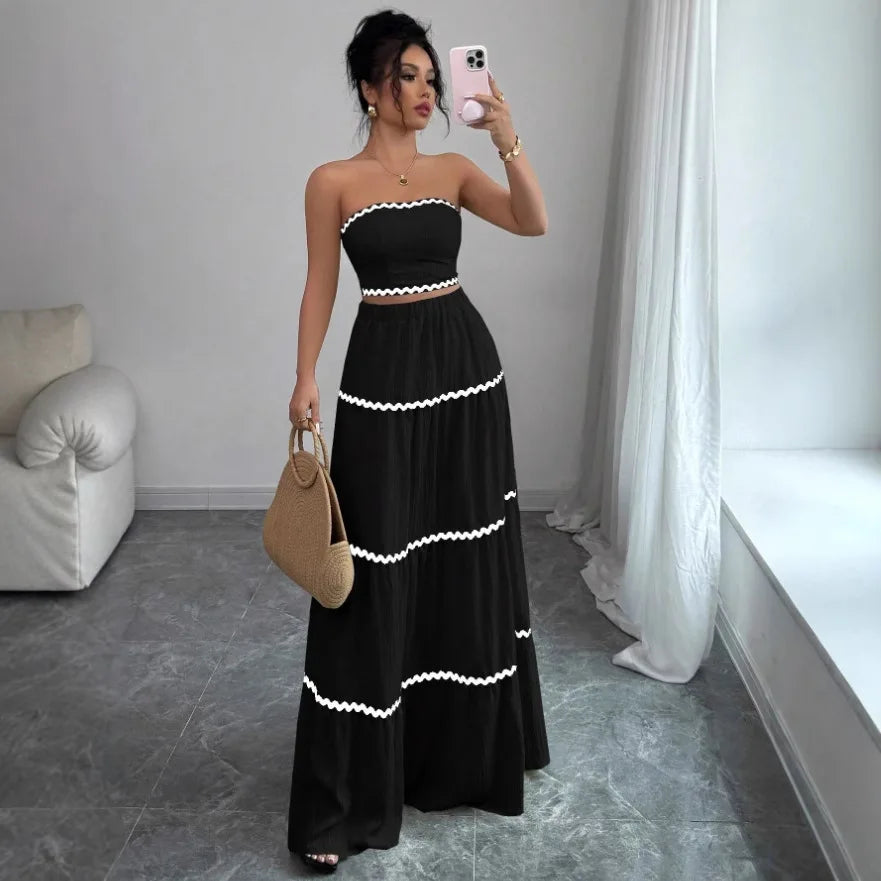 Fashion Temperament Women 2 Piece Outfits Contrast Color Loose Sleeveless Tops and Elastic Long Skirt Set for Party Streetwear