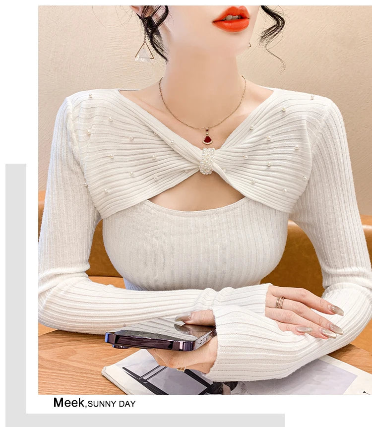 Elegant Autumn Winter Sweaters Women Pullovers Korean Fashion Y2k Clothes V Neck Solid Bow Embroidered Long Sleeve Knitted Tops