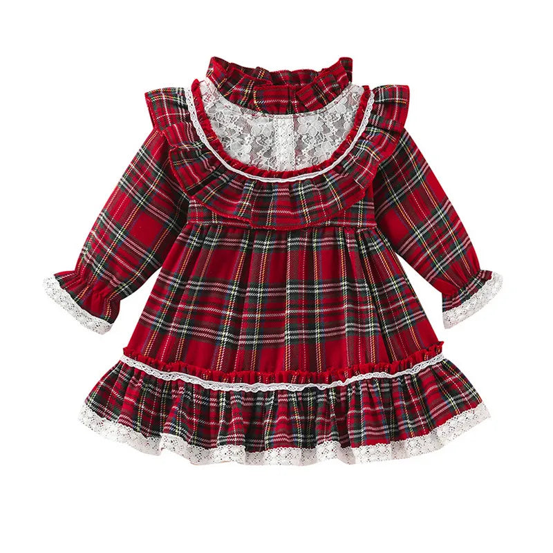 1 to 7 Years Christmas Girls Casual Dress Plaid Lace Patchwork Stand-Up Collar Flounce Long Sleeve Dress with Ruffle Hem