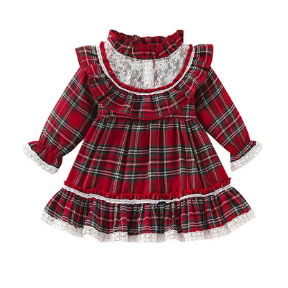 1 to 7 Years Christmas Girls Casual Dress Plaid Lace Patchwork Stand-Up Collar Flounce Long Sleeve Dress with Ruffle Hem